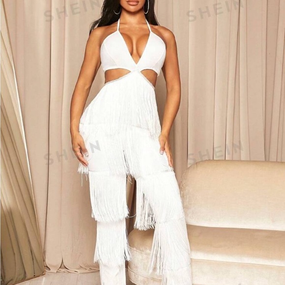 SHEIN SXY cut out Fringe trim tie backless halter jumpsuit - Picture 3 of 4